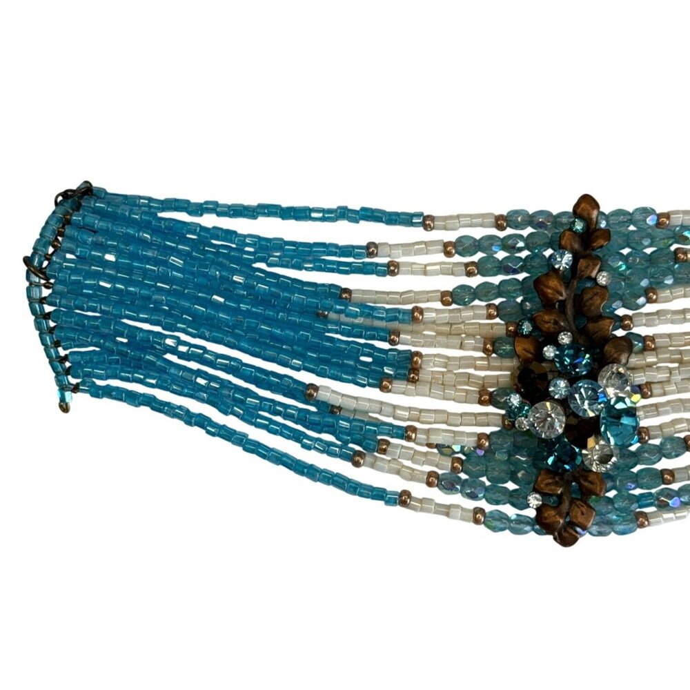 Title:Aqua Boho Wide Cuff Statement Bracelet Seed Beads Rhinestone Center Adjus - Picture 5 of 9